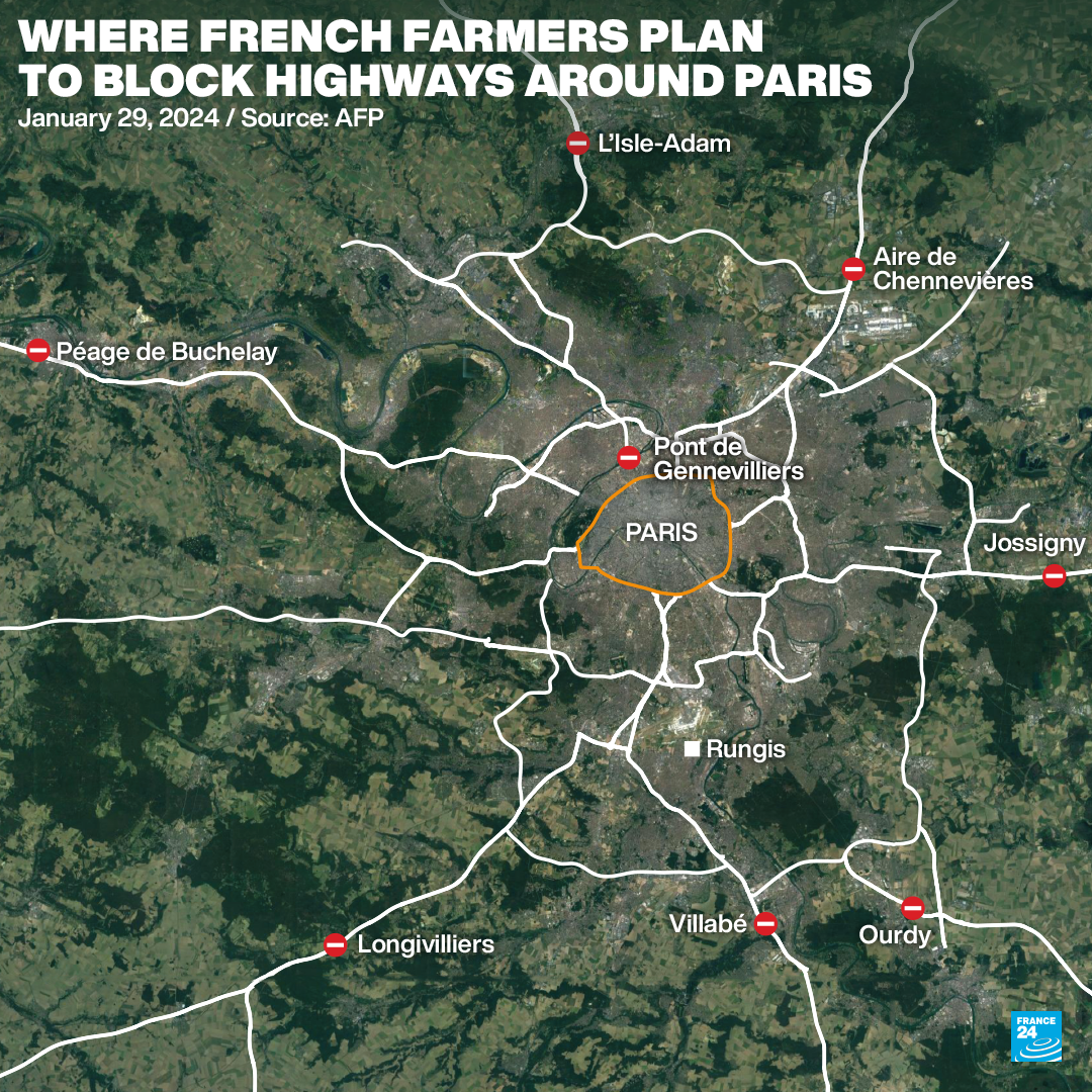 Un mapa de los controles de carreteras previstos en París.